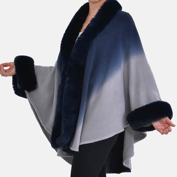 Tamsy Burgundy Ombre Cape with Faux Fur Trim - One Size Fits Most💕 - Picture 2 of 4